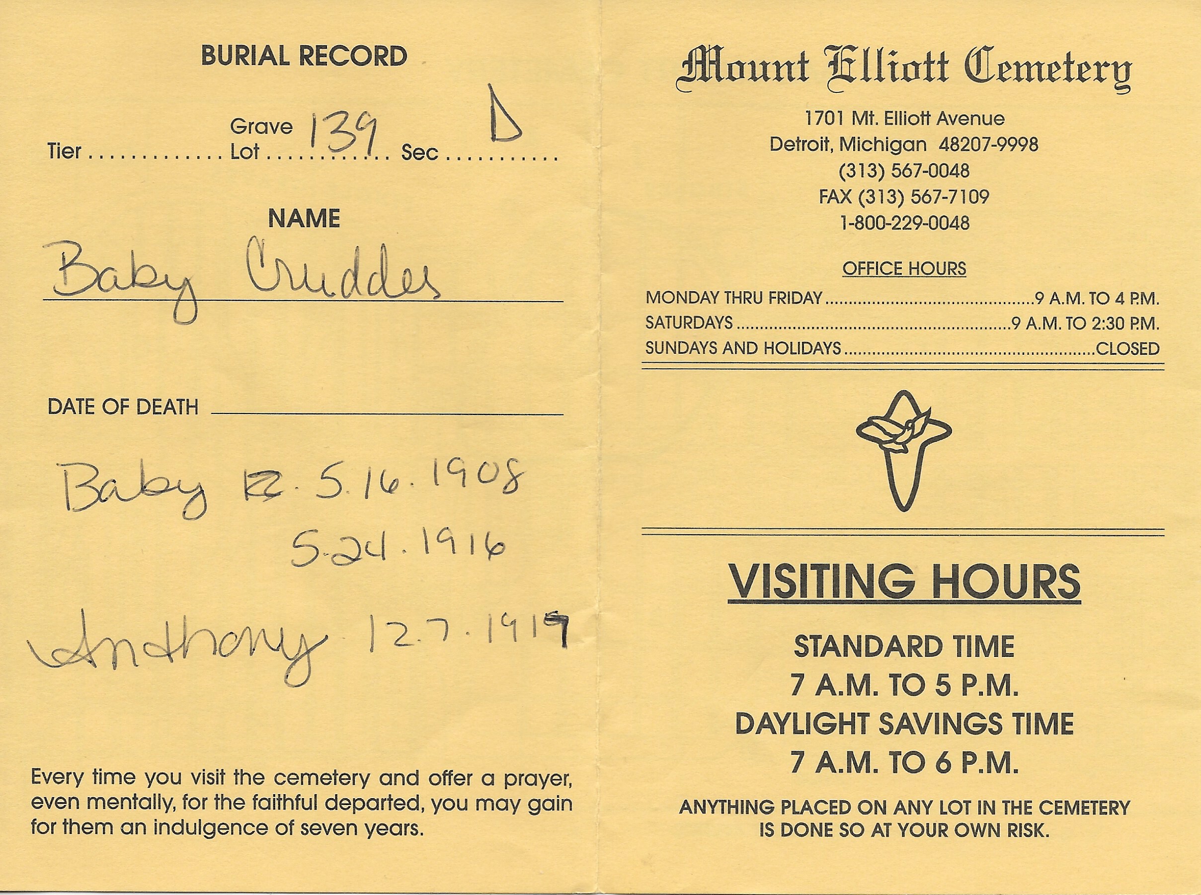 Burial record for Section D, Grave 139, Mount Elliott Cemetery, Detroit, showing death date of 3 infant Crudders